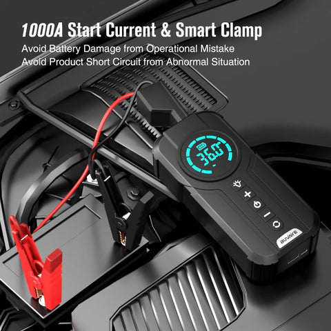 BUVAYE Car Air Pump 4 in 1 Auto Tyre Inflator with Jump Starter Portable Air Compressor Power Bank Starters Starting Lighting