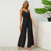 BUY 1 GET 1 FREE V-neck Suspender Pleated Jumpsuit Solid Color Loose Straight Pants Womens Clothing