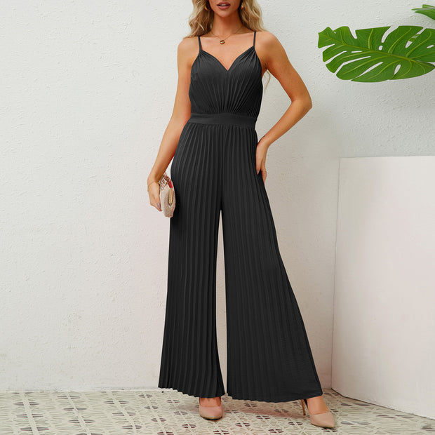 BUY 1 GET 1 FREE V-neck Suspender Pleated Jumpsuit Solid Color Loose Straight Pants Womens Clothing